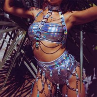 Leather Holographic Outfit Sexy Backless Metal Chain Tops Adjustable Mini Skirt Summer Night Party Rave Festival 2 Pcs Sets